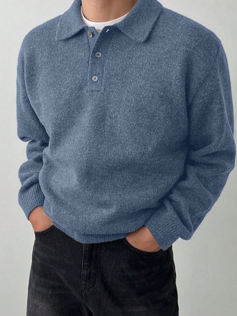 Blue Casual Men's Button-Up Casual Long Sleeve Sweater - Picture 3 of 5